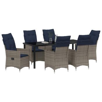 7-teiliges Garten Esstisch Set mit grauen Poly Rattan Kissen