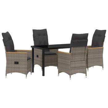 5-teiliges Garten-Esstisch-Set mit Kissen in grauem Poly-Rattan