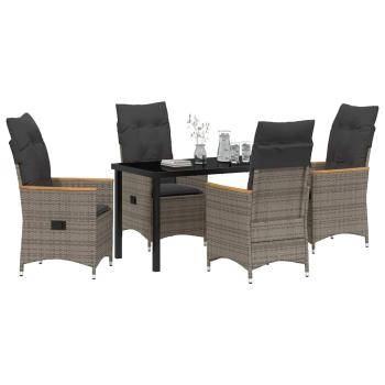 5-teiliges Garten-Esstisch-Set mit Kissen in grauem Poly-Rattan