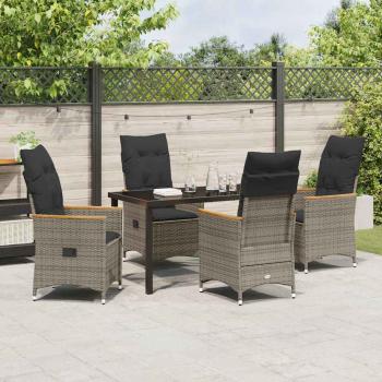 5-teiliges Garten-Esstisch-Set mit Kissen in grauem Poly-Rattan