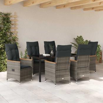 7-teiliges Garten-Ess-Set mit Kissen Grau Poly-Rattan