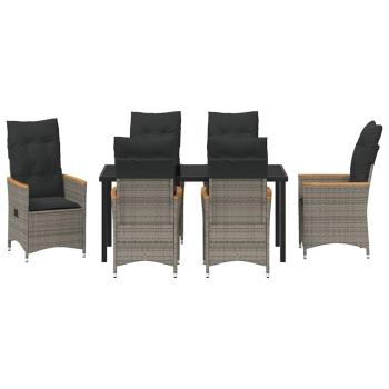 7-teiliges Garten-Ess-Set mit Kissen Grau Poly-Rattan