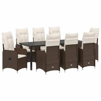 9-teiliges Garten-Dining-Set mit Kissen Braun Poly-Rattan