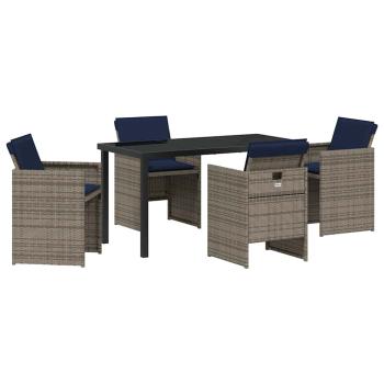 5-teiliges Garten-Essset mit Kissen Grau Poly-Rattan