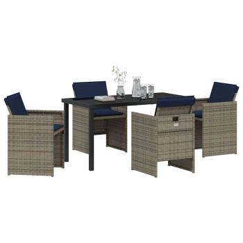 5-teiliges Garten-Essset mit Kissen Grau Poly-Rattan