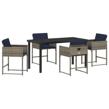 5-teiliges Garten-Esstischset mit Kissen Grau Poly-Rattan