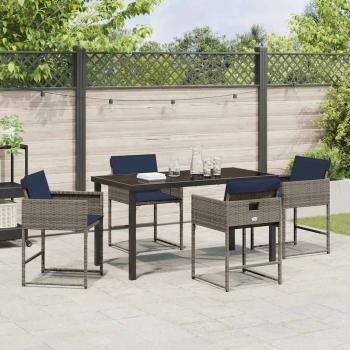 5-teiliges Garten-Esstischset mit Kissen Grau Poly-Rattan