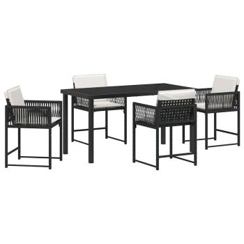 5-teiliges Garten-Esszimmer-Set mit Kissen Schwarz Poly Rattan