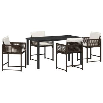 5-teiliges Garten-Ess-Set mit Kissen Braun Poly-Rattan