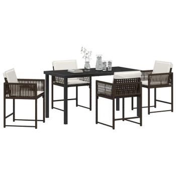 5-teiliges Garten-Ess-Set mit Kissen Braun Poly-Rattan