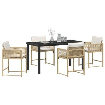 5-teiliges Garten-Ess-Set mit Kissen in beigem Poly-Rattan
