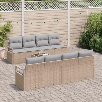 9-teiliges Garten Sofa Set mit Kissen Beige Poly Rattan