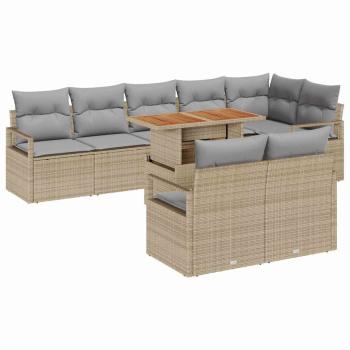 9-teiliges Garten Sofa Set mit Kissen Beige Poly Rattan Akazie
