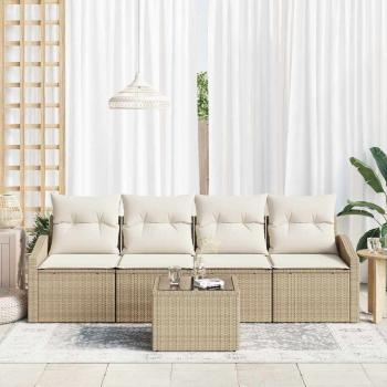 5-teiliges Garten-Essplatz-Set mit Kissen Beige Poly Rattan