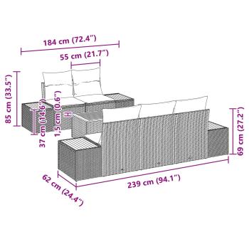6-Teiliges Garten Sofa Set mit Kissen Schwarz Poly Rattan Akazie
