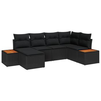 6-teiliges Garten Sofa Set mit Kissen Schwarz Poly Rattan Akazie