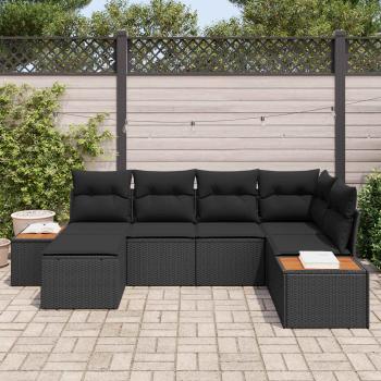 6-teiliges Garten Sofa Set mit Kissen Schwarz Poly Rattan Akazie