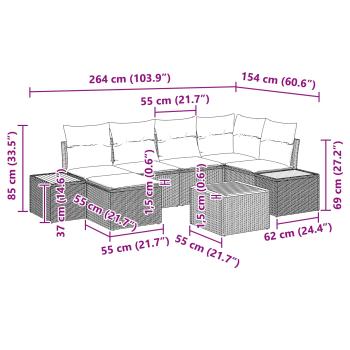 7-teiliges Garten Sofa Set mit Kissen Schwarz Poly Rattan Akazie