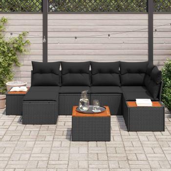 7-teiliges Garten Sofa Set mit Kissen Schwarz Poly Rattan Akazie