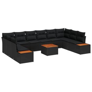 ARDEBO.de - 11-teiliges Garten Sofa Set mit Kissen Schwarz Poly Rattan Akazie