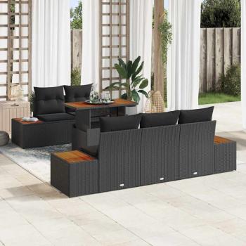 ARDEBO.de - 6-teilige Garten-Essgruppe mit Kissen Schwarz Poly Rattan Akazie