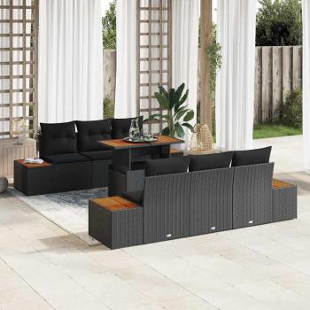 ARDEBO.de - 7-teiliges Garten Esstisch Set mit Kissen Schwarz Poly Rattan Akazie