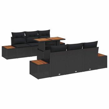 7-teiliges Garten Esstisch Set mit Kissen Schwarz Poly Rattan Akazie