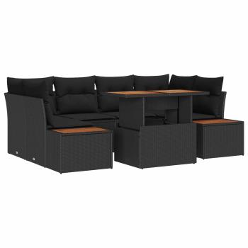 ARDEBO.de - 7-teiliges Garten Essgruppe mit Kissen Schwarz Poly Rattan Akazie