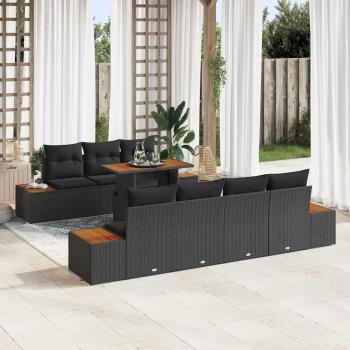 ARDEBO.de - 8-teiliges Garten-Esstisch-Set mit Kissen Schwarz Poly-Rattan Akazie