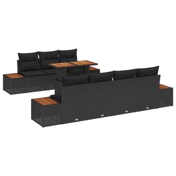 8-teiliges Garten-Esstisch-Set mit Kissen Schwarz Poly-Rattan Akazie
