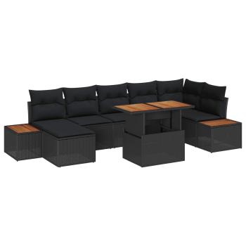 ARDEBO.de - 8-teiliges Garten Esszimmer Set mit Kissen Schwarz Poly Rattan Akazie
