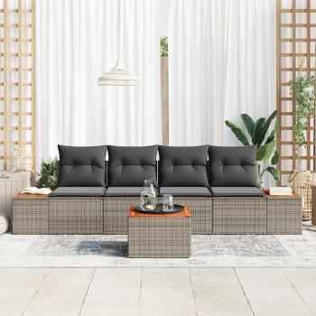 5-teiliges Gartensofa-Set mit Kissen Grau Poly Rattan Akazie