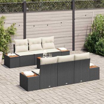 7-teiliges Garten Sofa Set mit Kissen schwarzes Poly Rattan Akazie