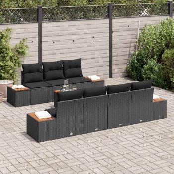 8-teiliges Garten Sofa Set mit Kissen Schwarz Poly Rattan Akazie