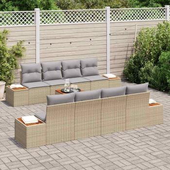 9-teiliges Garten Sofa Set mit Kissen Beige Poly Rattan Akazie