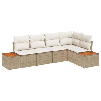 5-teiliges Garten Sofa Set mit Kissen Beige Poly Rattan Akazie