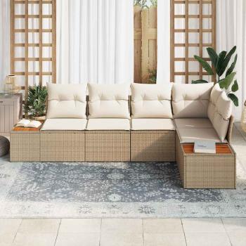 5-teiliges Garten Sofa Set mit Kissen Beige Poly Rattan Akazie
