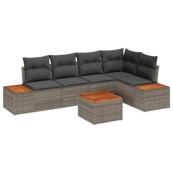 6-teiliges Garten Sofa Set mit Kissen Grau Poly Rattan Akazie