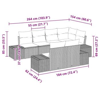 7-teiliges Garten Sofa Set mit Kissen Schwarz Poly Rattan Akazie