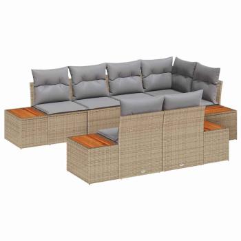 7-teilige Garten Sofa Set mit Kissen Beige Poly Rattan Akazie
