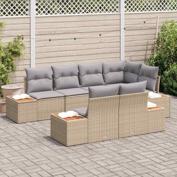 7-teilige Garten Sofa Set mit Kissen Beige Poly Rattan Akazie