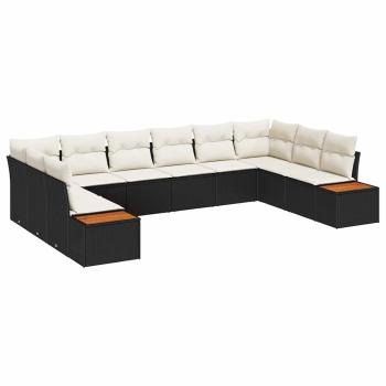 10-teiliges Garten-Sofa-Set mit Kissen in Schwarz aus Poly Rattan und Akazie