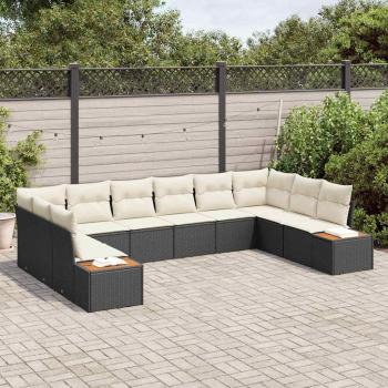 10-teiliges Garten-Sofa-Set mit Kissen in Schwarz aus Poly Rattan und Akazie