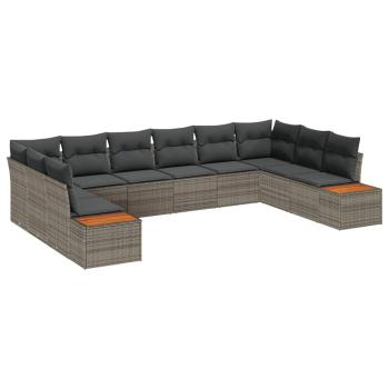 10-teiliges Garten Sofaset mit Kissen Grau Poly Rattan Akazie