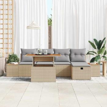 6-teiliges Garten Sofa Set mit Kissen Beige Poly Rattan Akazie