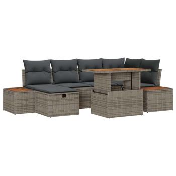 7-teiliges Garten Sofa Set mit Kissen Grau Poly Rattan Akazie