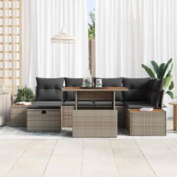 7-teiliges Garten Sofa Set mit Kissen Grau Poly Rattan Akazie