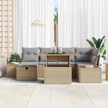 7-teiliges Garten-Sofa-Set mit Kissen Beige Poly Rattan Akazie