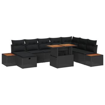 9-teiliges Garten-Sofaset mit Kissen Schwarz Poly Rattan Akazie