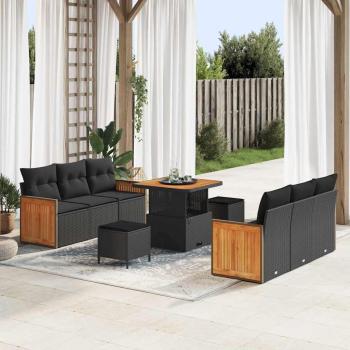 ARDEBO.de - 9-teiliges Garten Sofa Set mit Kissen Schwarz Poly Rattan Akazie